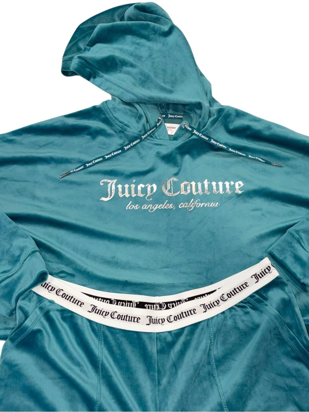 NWT Juicy Couture Velour Sleepwear Teal Blue Metallic Logo 2-Pc Lounge Set XL